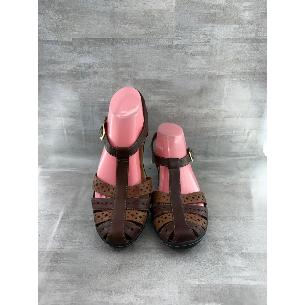 Clarks Brown Leather Laser Cut Fisherman T-Strap Wedge Sandals Women Sz 9M